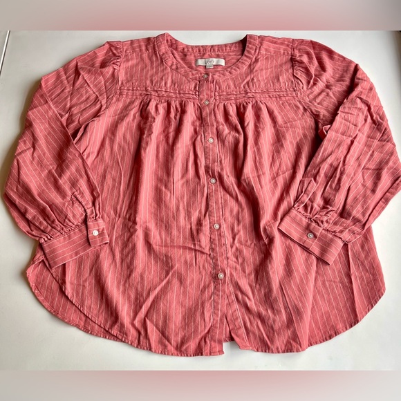 Women's LOFT Coral Pink White Striped Button Up Flowy Long Slv Blouse - Size XL - Picture 3 of 9